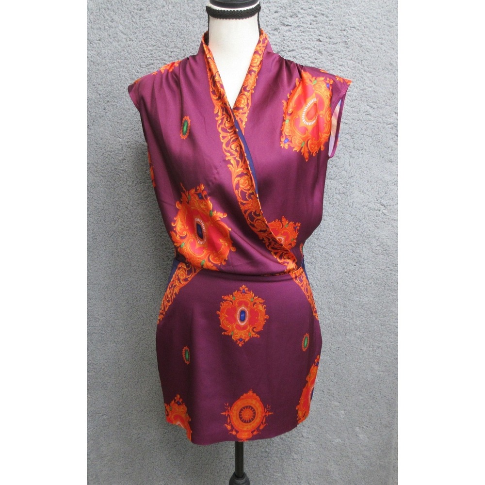 Marciano Los Angeles Satin Wrap Mini Dress Women 4 Purple Orange Medallion Print